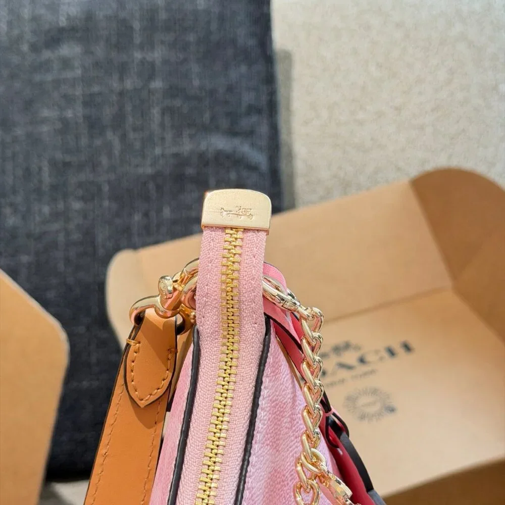 Coach Teri Shoulder Bag Signature Canvas With Charms Gold/Powder Pink CEA20 NWT